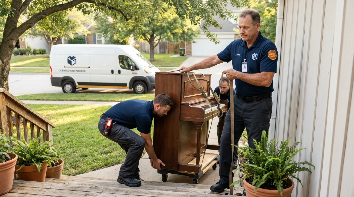 Licensed piano movers securing grand piano in Hudson, FL