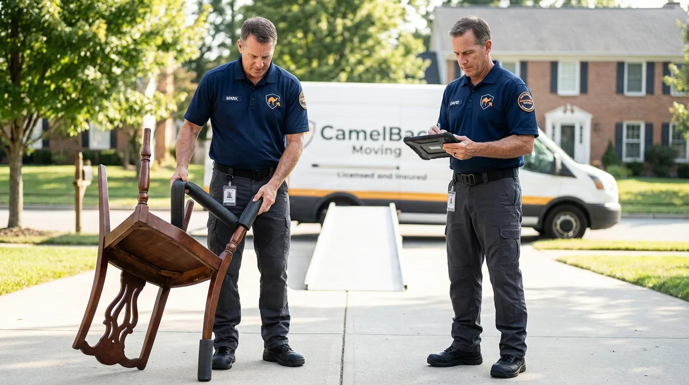 Movers inspecting furniture for damage prevention before loading in Hudson, FL
